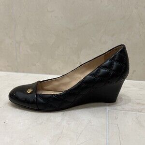 EUC Tory Burch Sz 6.5 Black Leather Pumps Wedges Shoes Claremont Quilted